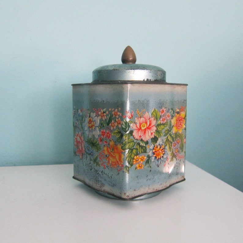 Rustic Floral Tin, Blue Tin, Vintage Tin, Murray Allen, Toffee Tin, Candy Tin, Cookie Tin, Blue Canister, Old Blue TIn, Pretty Blue Tin image 1