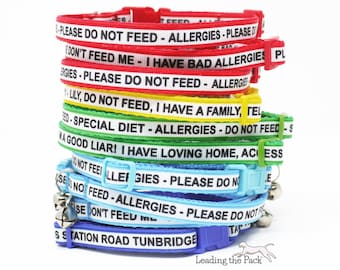 Handmade personalised cat or kitten safety collars, custom text medical alert do not feed