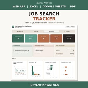 May include: A digital job search tracker with a dashboard interface. The tracker displays key metrics such as activities, goals, and response rates. The text "JOB SEARCH TRACKER" is prominently displayed, along with the words "WEB APP | EXCEL | GOOGLE SHEETS | PDF".