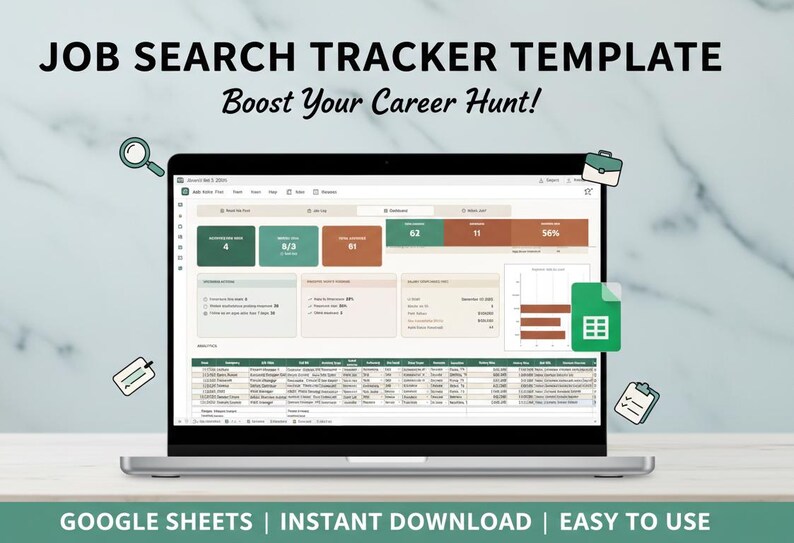 May include: A laptop screen shows a job search tracker template with the text "Job Search Tracker Template Boost Your Career Hunt!". The screen displays data and a spreadsheet. The bottom banner reads "GOOGLE SHEETS | INSTANT DOWNLOAD | EASY TO USE".