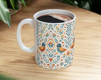 Cozy Nordic Folk Bird Floral Pattern Mug | Ceramic Coffee Cup 11oz 15oz