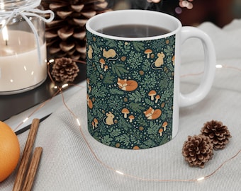 Cozy Sleeping Fox Woodland Pattern Mug | Ceramic Coffee Cup
