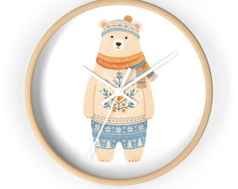 Nordische Kuschelige Pullover Bär Wanduhr | Winter Wald Kinderzimmer Dekor