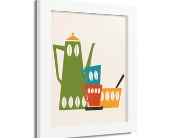 May include: Framed print of a retro coffee-themed illustration. The artwork depicts a green coffee pot, stacked colourful cups, and a bowl with a spoon. The design uses bold shapes and colours, creating a mid-century modern aesthetic.