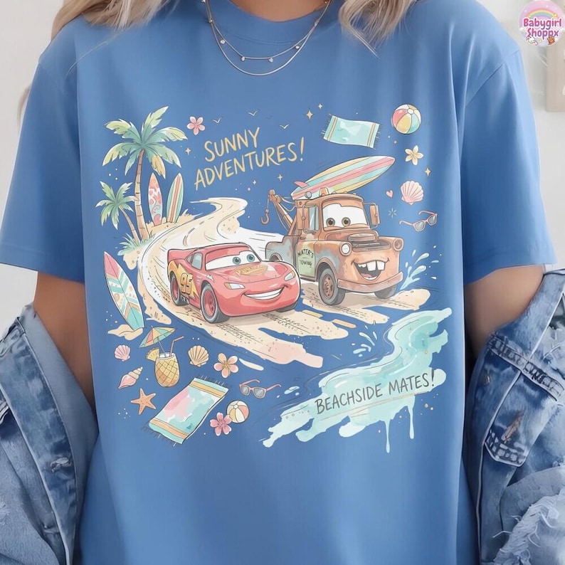 Lightning McQueen Beach Shirt, DisneyCars Summer Tee, Mater Beachside Mates Shirt, Pixar Cars Vacation Shirt, Sunny Adventures Tee immagine 3