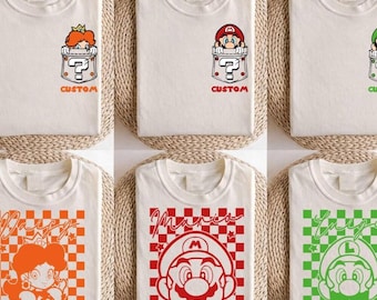 2-sided Super Mario Retro Checkered Shirt, Family Matching Holiday Trip Matching Tee, Super Mario Birthday Trip Gifts