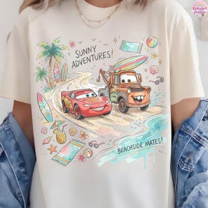 Lightning McQueen Beach Shirt, DisneyCars Summer Tee, Mater Beachside Mates Shirt, Pixar Cars Vacation Shirt, Sunny Adventures Tee immagine 2