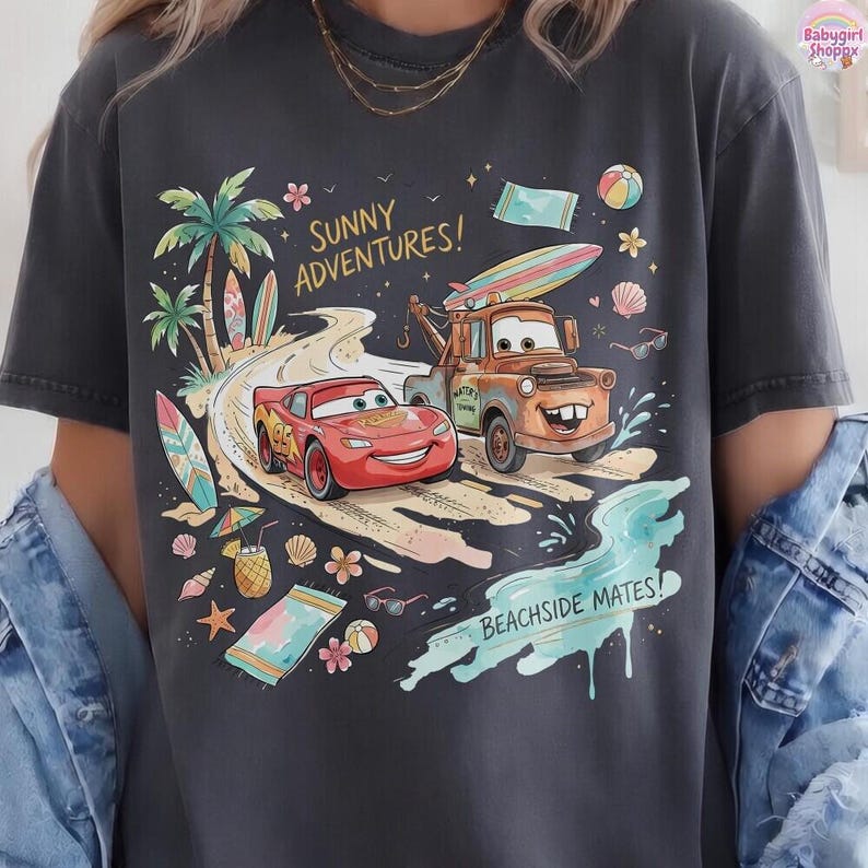 Lightning McQueen Beach Shirt, DisneyCars Summer Tee, Mater Beachside Mates Shirt, Pixar Cars Vacation Shirt, Sunny Adventures Tee immagine 1
