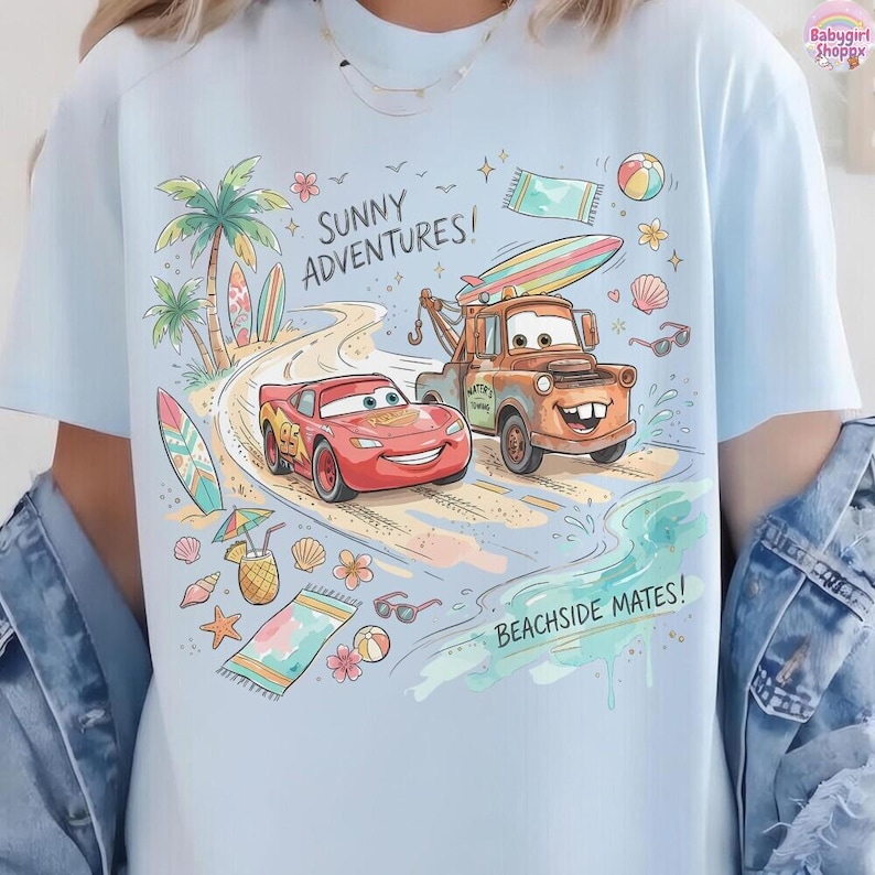 Lightning McQueen Beach Shirt, DisneyCars Summer Tee, Mater Beachside Mates Shirt, Pixar Cars Vacation Shirt, Sunny Adventures Tee immagine 4