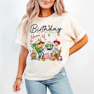 Personalized Toy Story Birthday Shirt with Name Age, Custom Buzz Woody Jessie Tee, Kids Toddler Disneyland Family Trip Gift image 1