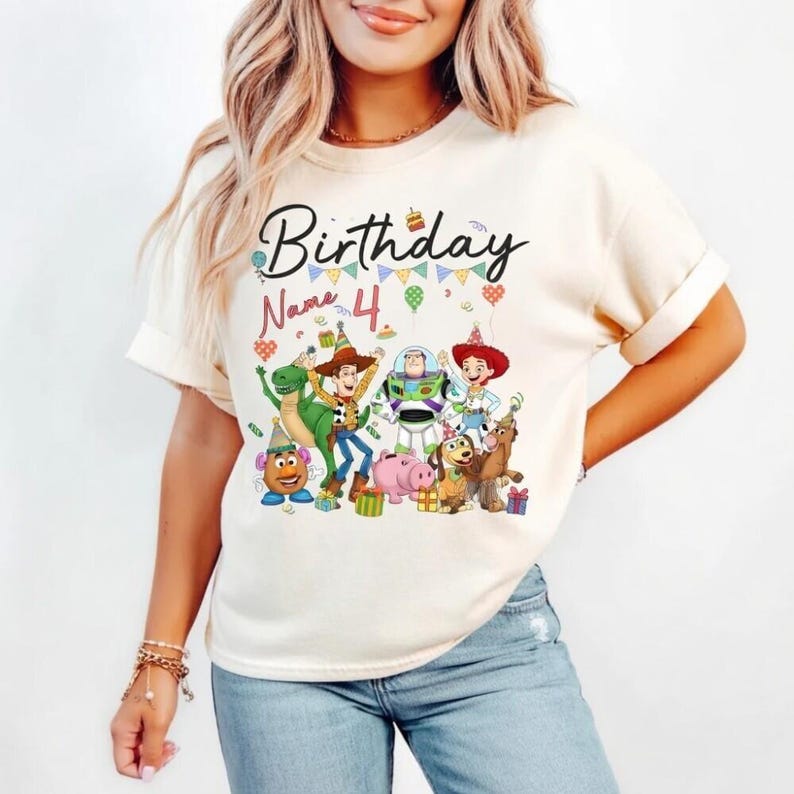 Personalized Toy Story Birthday Shirt with Name Age, Custom Buzz Woody Jessie Tee, Kids Toddler Disneyland Family Trip Gift image 1