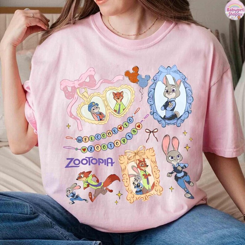 Coquette Bow Watercolor Zootopia Shirt, Judy Hopps Shirt, Nick Wilde Shirt, Retro Zootropolis Disney Tee, WDW Family 2026 Trip Tee image 2