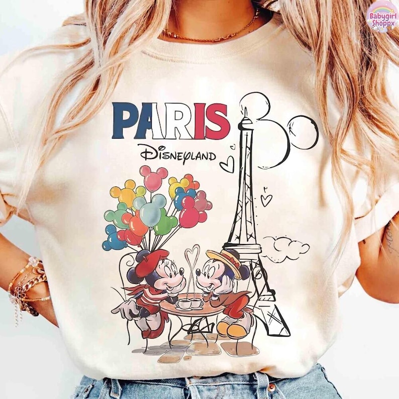 Retro Mickey and Minnie Disneyland Paris shirt, Eiffel Tower Mickey Mouse Shirt, Disneyland Paris Girl Trip 2026 tee Disneyland Vacation Tee 画像 1