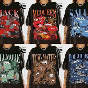 Vintage Bootleg Disney Pixar Cars Characters Shirt, Lightning McQueen Mater Doc Hudson Sally Birthday Cars Family Tee, Disney Girls Trip image 1