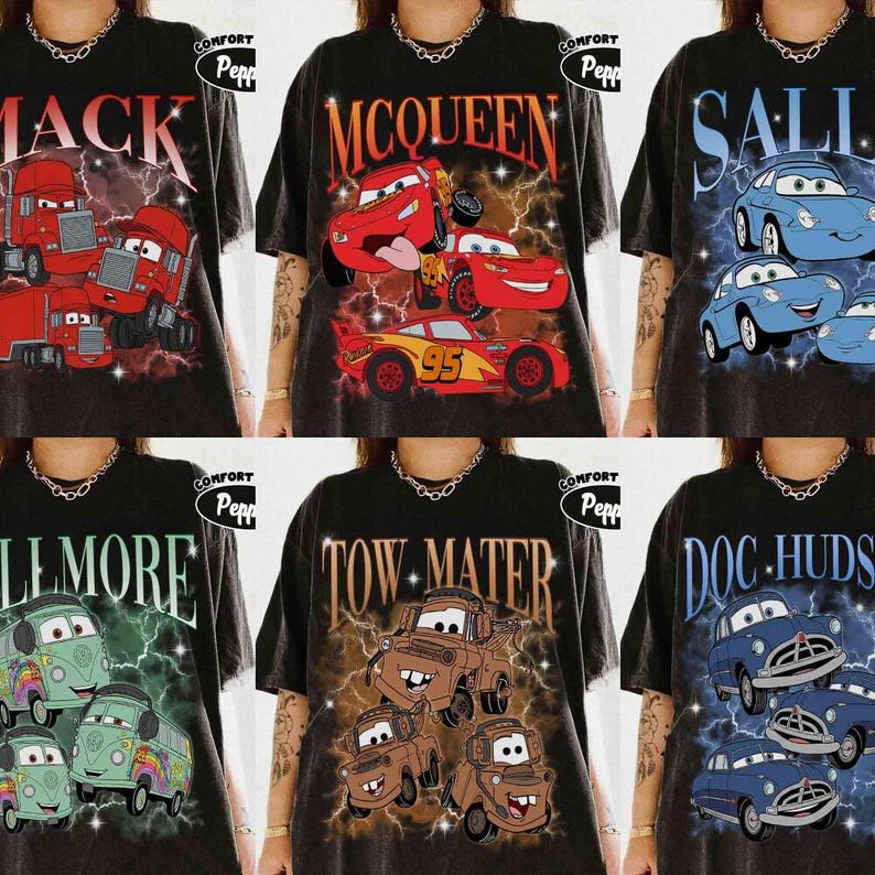 Vintage Bootleg Disney Pixar Cars Characters Shirt, Lightning McQueen Mater Doc Hudson Sally Birthday Cars Family Tee, Disney Girls Trip image 1