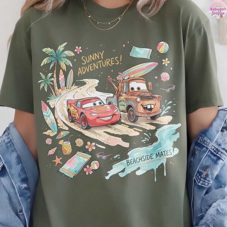 Lightning McQueen Beach Shirt, DisneyCars Summer Tee, Mater Beachside Mates Shirt, Pixar Cars Vacation Shirt, Sunny Adventures Tee immagine 6