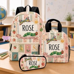 Custom Personalized Backpack Set, Caterpillar Bookbag and Lunchbox, Name School Bag, Little Reader Gift for Girl
