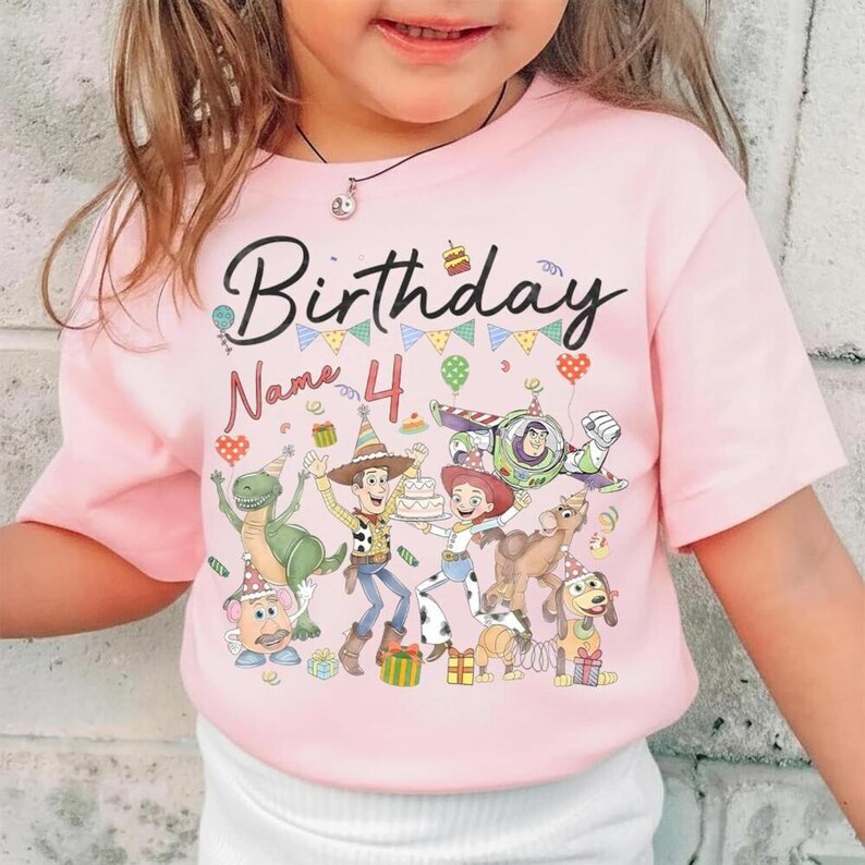 Personalized Toy Story Birthday Shirt with Name Age, Custom Buzz Woody Jessie Tee, Kids Toddler Disneyland Family Trip Gift image 2