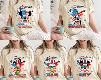 Personalized Disneyland 4th of July Shirt Mickey and Friends All American Family Dad Mom Kids Matching USA Flag Patriotic Red White and Blue