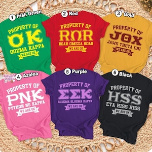 May include: Six short-sleeved t-shirts in green, red, gold, azalea, purple, and black. Each shirt features the text Property of, a three-letter acronym, a fraternity name, and the text We Are OK on a banner. The shirts are numbered one through six.