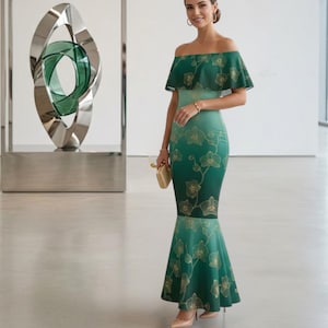 Vestido largo de sirena, vestido verde esmeralda con hombros descubiertos, atuendo para invitada de boda, vestido de noche floral dorado