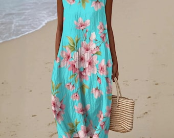 Baumwollmidikleid Frauen, ärmelloses A-Linie Sommerkleid, lässiges Alltagsoutfit, Floral Loose Fit Sommerkleid