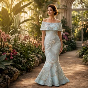 Pearl Mermaid Dress, Off Shoulder Maxi Style, Resort Wear, Vacation Outfit, Special Occasion