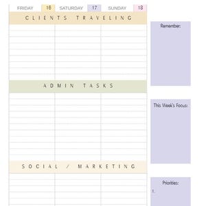 以下が含まれることがあります： クライアント、管理タスク、ソーシャル/マーケティング、支払い期日のセクションがある週間プランナー。プランナーにはメモと優先順位のためのスペースが含まれています。配色は柔らかく、ラベンダー、ベージュ、ペールイエローのパステルカラーです。