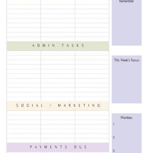 May include: A weekly planner with sections for clients, admin tasks, social/marketing, and payments due. The planner includes space for notes and priorities. The color scheme is soft, with pastel hues of lavender, beige, and pale yellow.