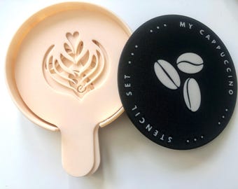 Juego de 7 plantillas para arte latte con tapa para guardar (para uso doméstico y de barista)