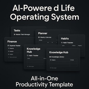 May include: A dark-themed digital productivity template with the text "AI-Powered Life Operating System." The template includes sections for tasks, planning, finance, habits, and knowledge management. The phrase "All-in-One Productivity Template" is also displayed.