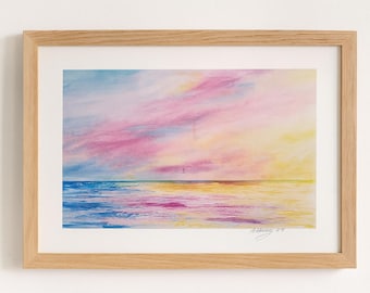 Paesaggio marino al tramonto – Acquerello pastello dell'oceano, decorazione murale costiera, dipinto originale sulla spiaggia 9x12