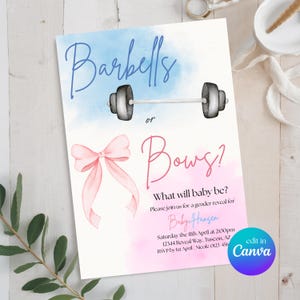 Invitación para revelar el género con temática de barras o lazos / Plantilla editable de Canva / Descarga digital