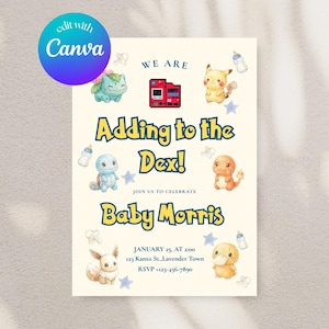 Op de afbeelding: Een crème babyborrel uitnodiging met aquarel illustraties van Pokémon karakters. De tekst luidt "Adding to the Dex!" en "Baby Morris". Bevat evenement details en een Canva logo.