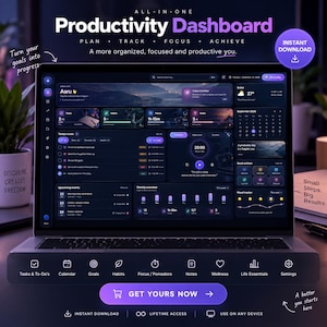 May include: A laptop screen displaying an all-in-one productivity dashboard with a dark theme, purple accents, and widgets for tasks, habits, goals, calendar, and focus timers. The interface includes text labels like Plan, Track, Focus, and Achieve.