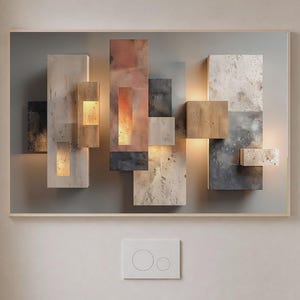 Könnte beinhalten: Ein rechteckiges Wandkunstwerk mit einer Komposition aus geschichteten, geometrischen Blöcken in Grau-, Beige- und Orangetönen. Das Kunstwerk enthält eine integrierte warme Beleuchtung, die die Zwischenräume der texturierten Paneele erhellt.