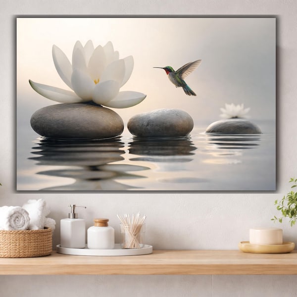 Bathroom Wall Art with Lotus Flower and Hummingbird – Spa Yoga Zen Wellness Print
