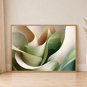 Affiche murale abstraite texturée, style sculptural neutre, vert sauge, beige, organique, moderne, style Japandi
