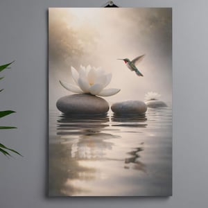 Quadro da parete per bagno con loto, colibrì e acqua termale in stile zen, ideale per spazi rilassanti.