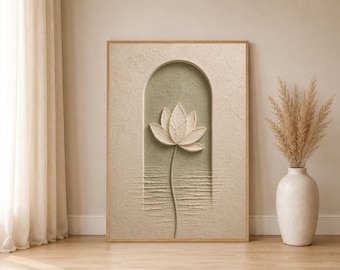 Lotus textuur muurdecoratie Japandi Wabi Sabi poster beige groen minimalistische wellness decoratie badkamer woonkamer