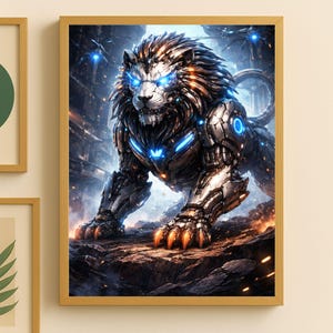 Könnte beinhalten: Gerahmter digitaler Kunstdruck eines Roboterlöwen mit leuchtend blauen Augen und Akzenten. Der Löwe ist in einem futuristischen Stil dargestellt, mit metallischer Rüstung und einer detaillierten Mähne. Das Kunstwerk ist vor dem Hintergrund einer futuristischen Stadtlandschaft.