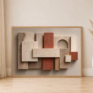 Warm Living Room Wall Art Textured Abstract Poster, Terracotta Beige Sculptural Design, Modern Organic Minimal Art Print