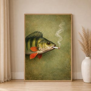 Perch Wall Art Funny Smoking Fish Poster, Rustic Fishing Gift for Anglers and Lake House Decor