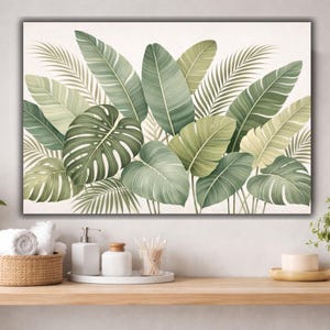 Botanical Bathroom Wall Art Large Green Leaves Print, Japandi Spa Decor, Calm Tropical Plant Poster