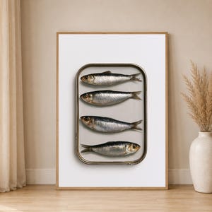 fish wall art Industrial Coastal silver fish in metal can frame print Modern Kitchen