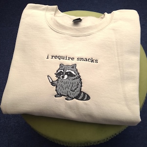 I Require Snacks Raccoon Sweatshirt, Funny Raccoon Hoodie, Cute Trash Panda Jumper, Sarcastic Animal Sweater, Cozy Unisex Jumper Gift