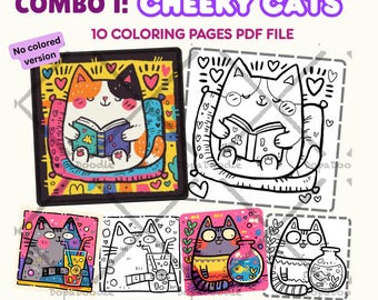 Coloring Pages Printable Combo 1 | 10 Cute Cat Coloring Sheets PDF | Kawaii Cartoon Cat Line Art | Stress Relief Coloring | Instant Download