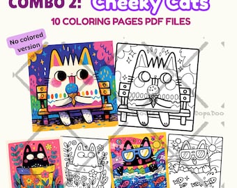 Coloring Pages Printable Combo 2 | 10 Cute Cat Coloring Sheets PDF | Kawaii Cartoon Cat Line Art | Stress Relief Coloring | Instant Download