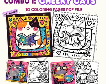 Coloring Pages Printable Combo 1 | 10 Cute Cat Coloring Sheets PDF | Kawaii Cartoon Cat Line Art | Stress Relief Coloring | Instant Download