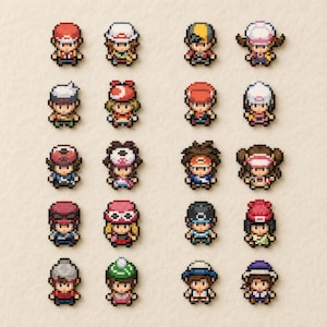 May include: A collection of twenty pixel art character pins arranged in a five-by-four grid. Each small figure features a unique outfit, hat, and hairstyle rendered in a distinct color palette including red, blue, white, brown, and yellow tones.